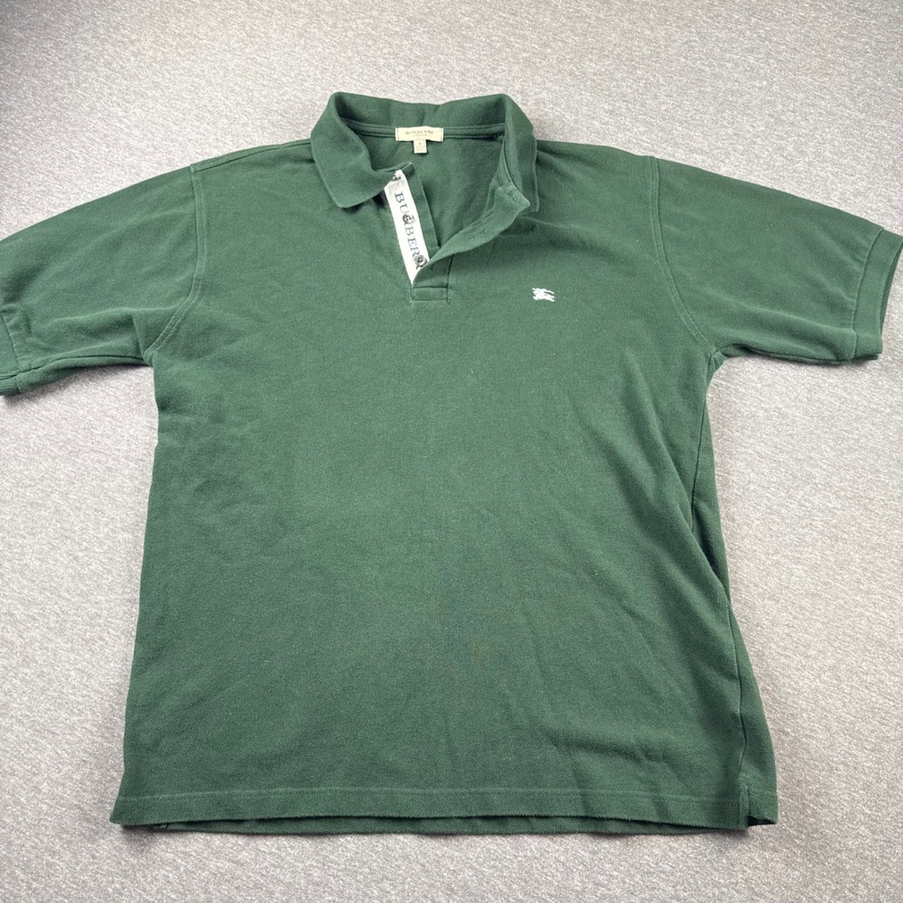 Burberry London Mens Green Pique Cotton Polo Shirt Logo Placket Small Made in GB